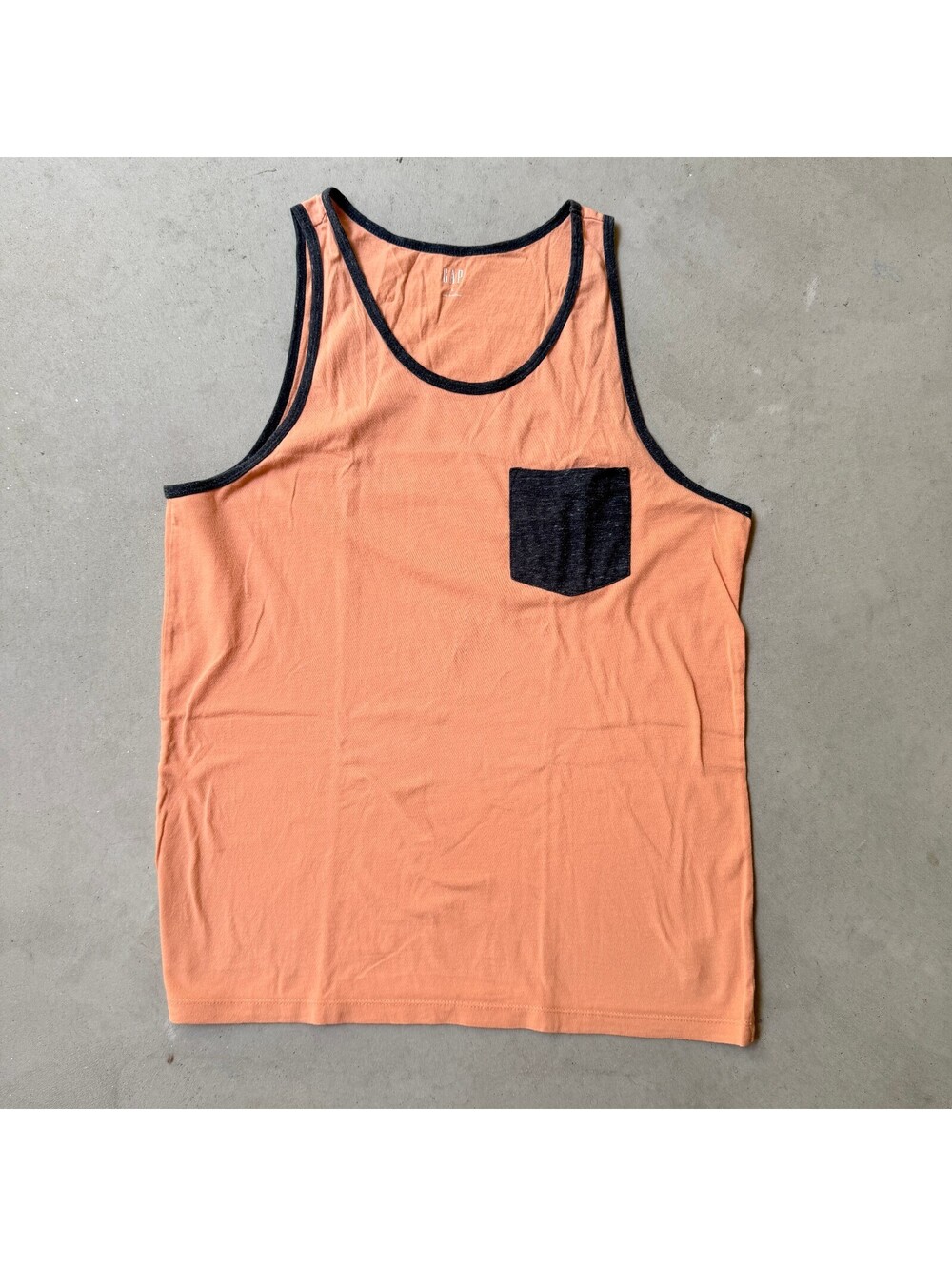 GAP Men's Orange Tank Top with Navy Trim and Pocket Size Small